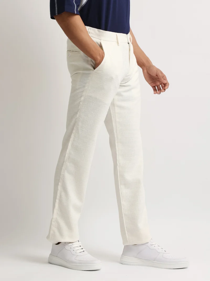Maniac  Maniac Mens Solid White Elastic Linen Cotton Blend Trouser for Men | Best Price UAE